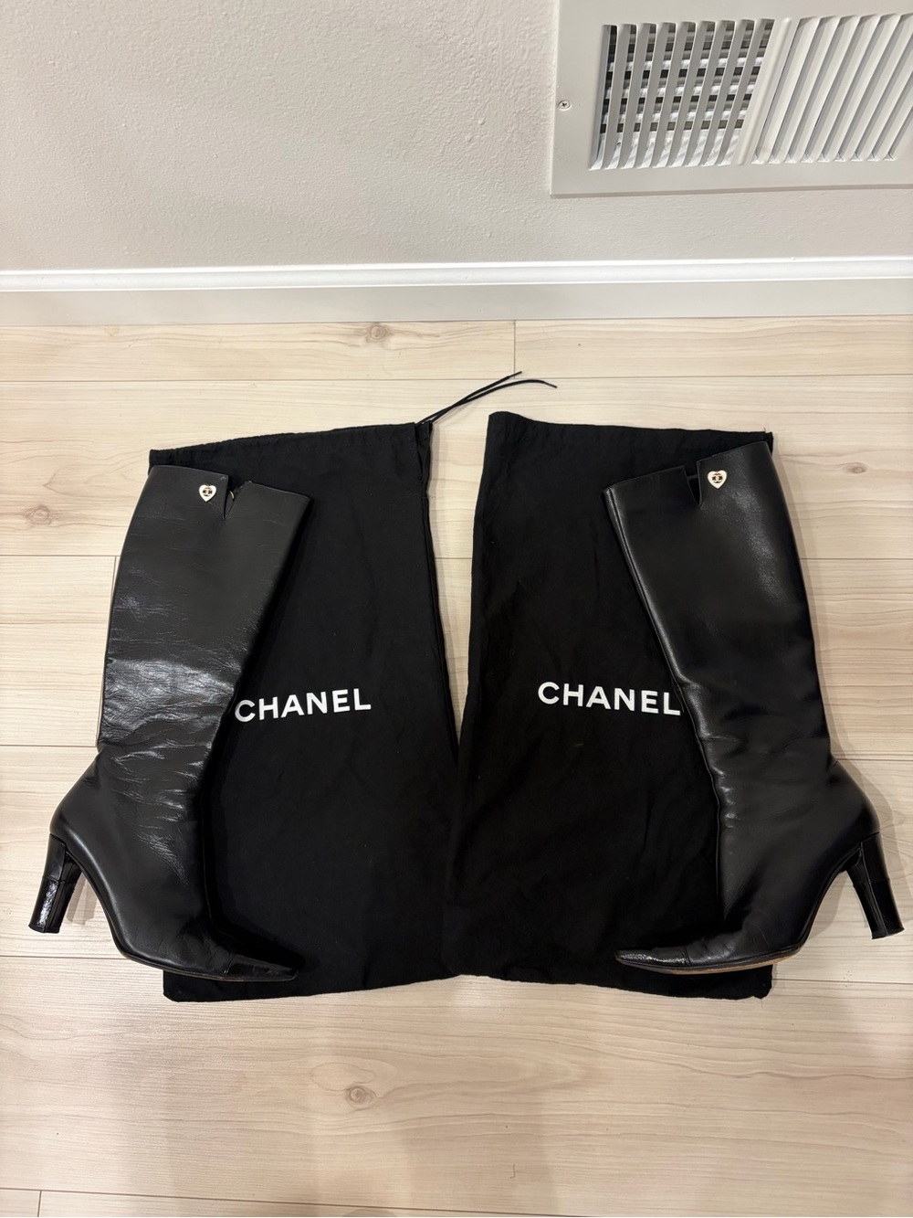 CHANEL Black Leather Tall Heeled Boots with Heart Accent size 7